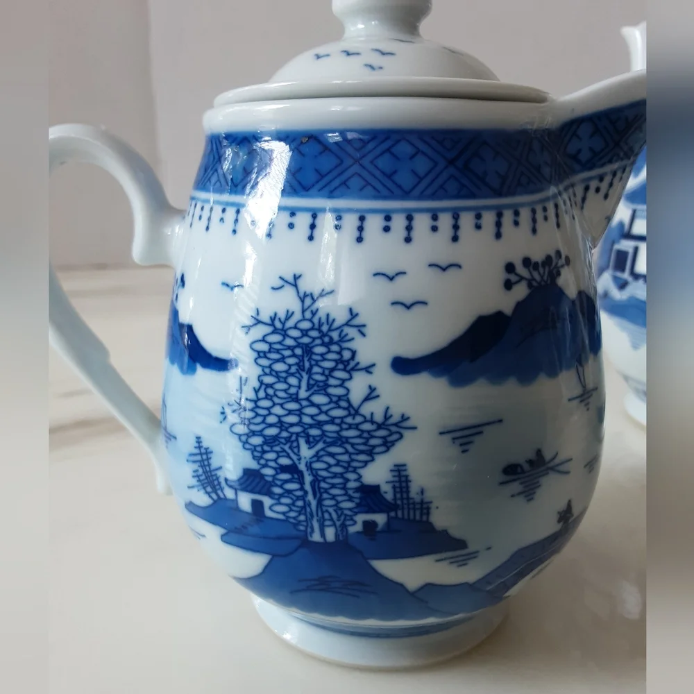 Jingdezhen Porcelain Blue & White Canton 3 Piece Tea Set - Vtg
